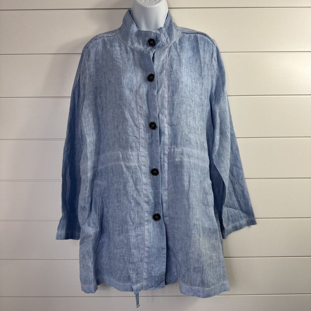 FOCUS Casual Life 100% Linen Tunic Top Blouse Button Front Chambray Blue sz L